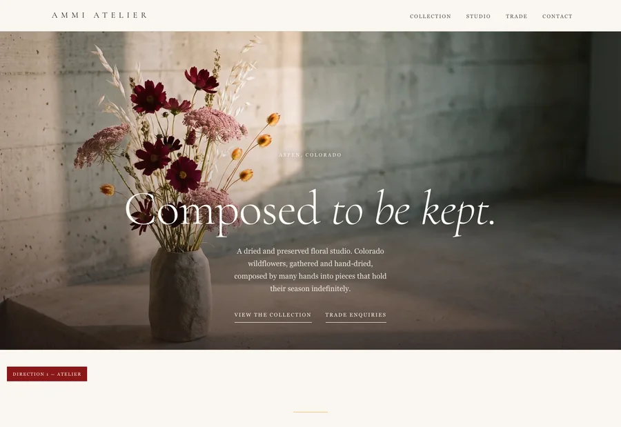 Direction 1, Atelier — a centred full-bleed hero with restrained type.