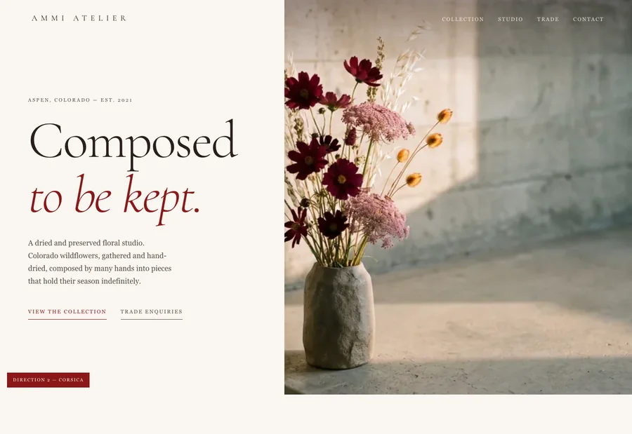 Direction 2, Corsica — a split hero with type on paper beside a full-height photograph.