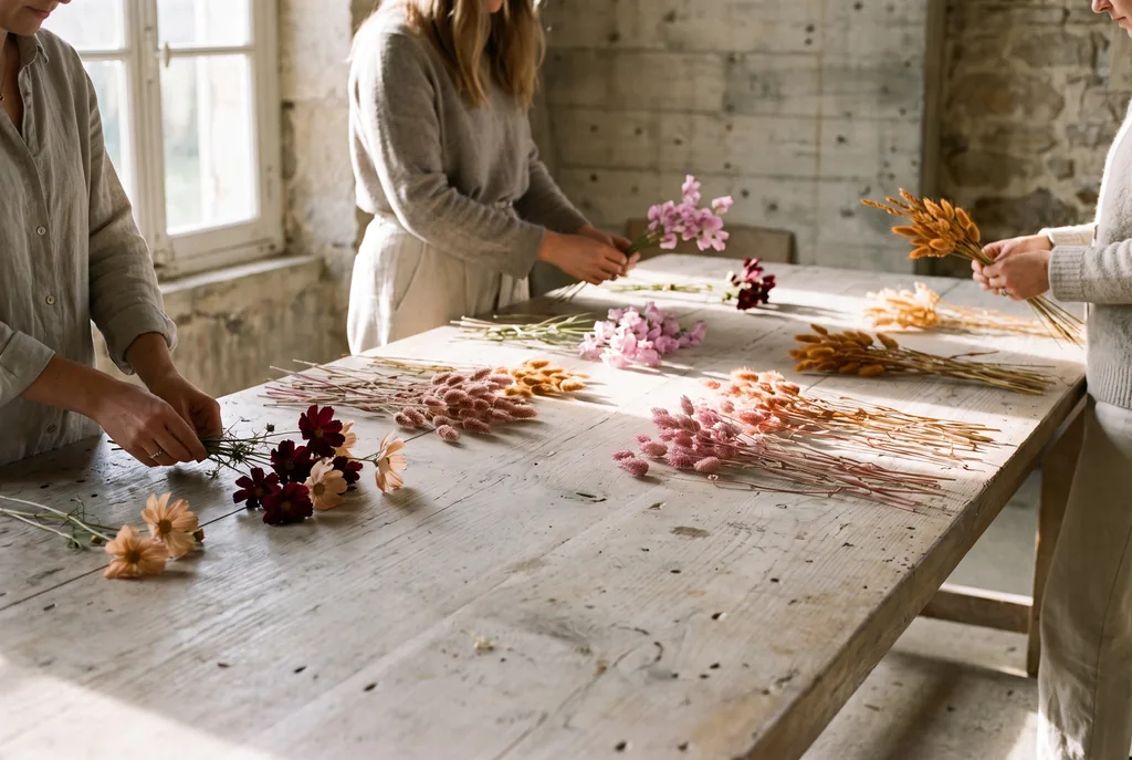 Three pairs of hands working on separate compositions along a long bleached wood table in morning light.