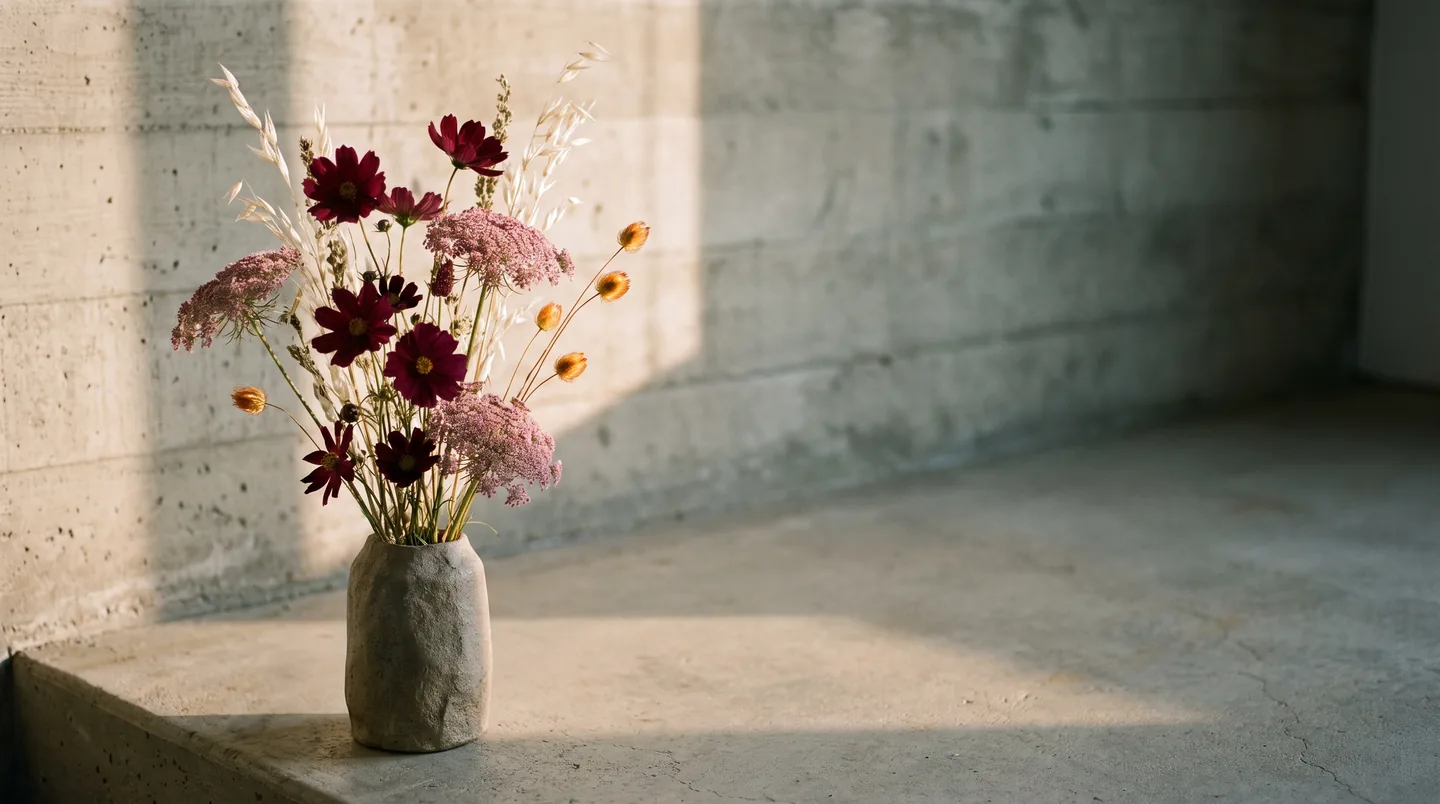 A composition of preserved burgundy cosmos, orchid umbels and amber seed heads in a stone vessel on raw concrete, lit by low morning sun.