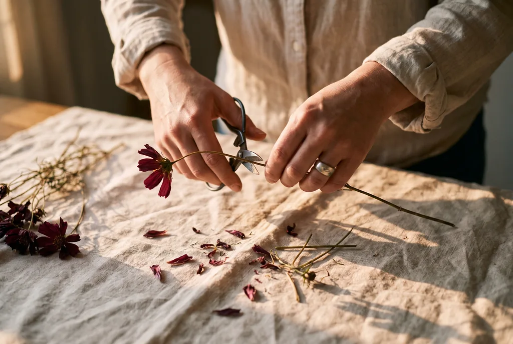 Hands trimming a dried burgundy cosmos stem with steel snips over aged linen.