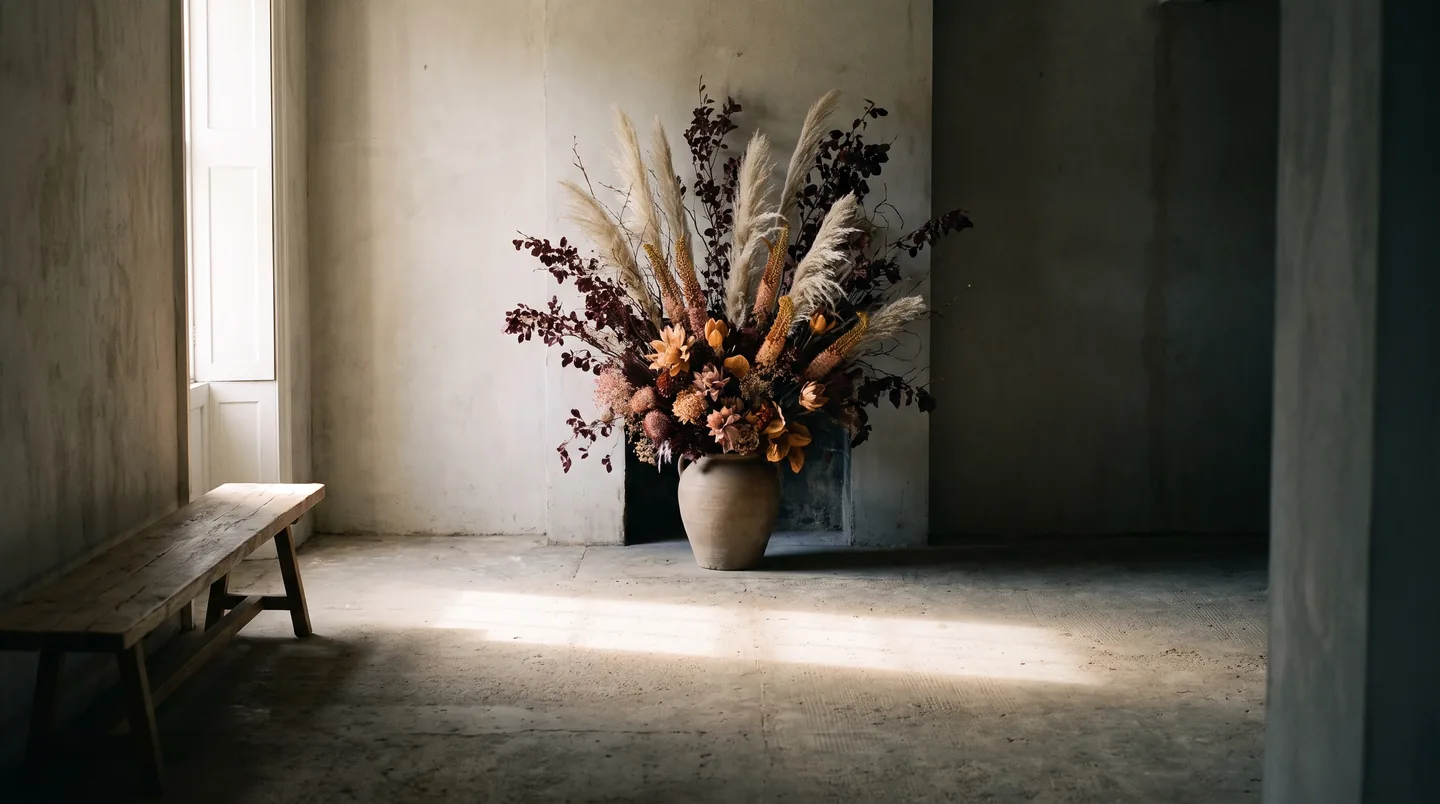 A large architectural composition of preserved botanicals in a stone urn in a pared-back plaster room.