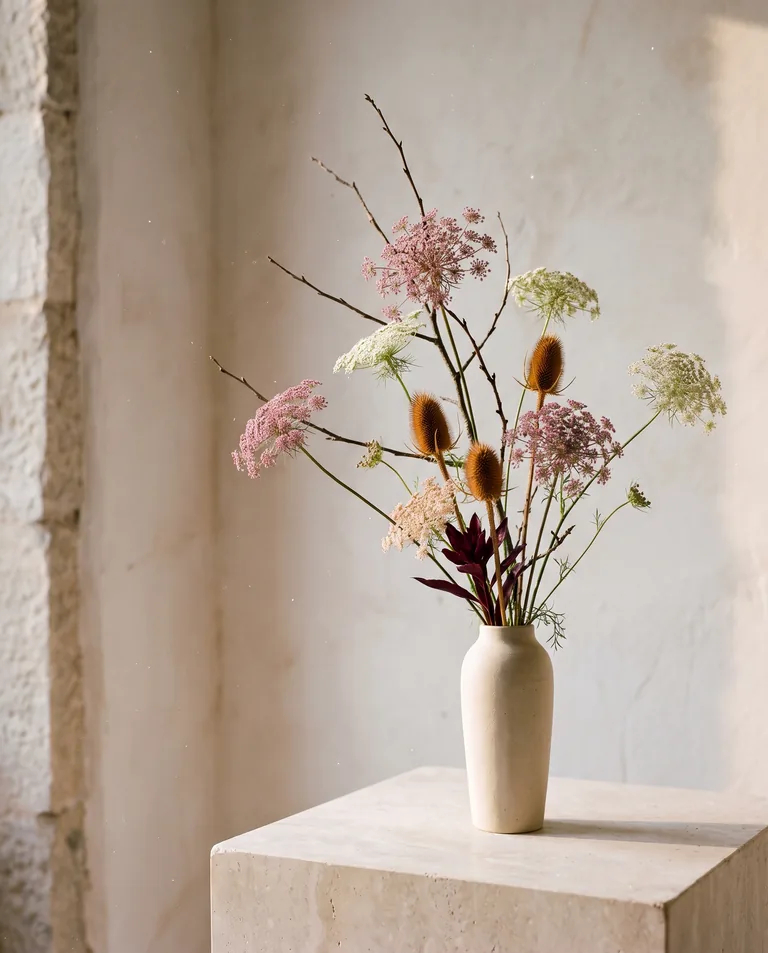 Corsica, First Light — orchid umbels and amber seed heads in a bone clay vessel on pale stone.