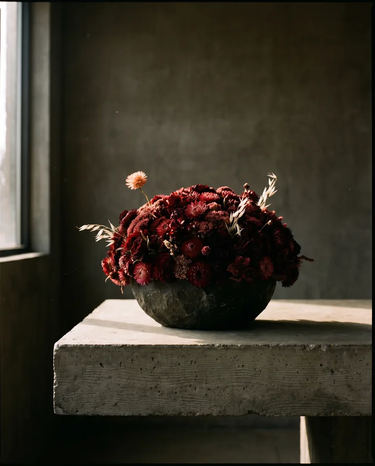 Maroon Bells — a dense low dome of deep burgundy preserved botanicals in dark stone.